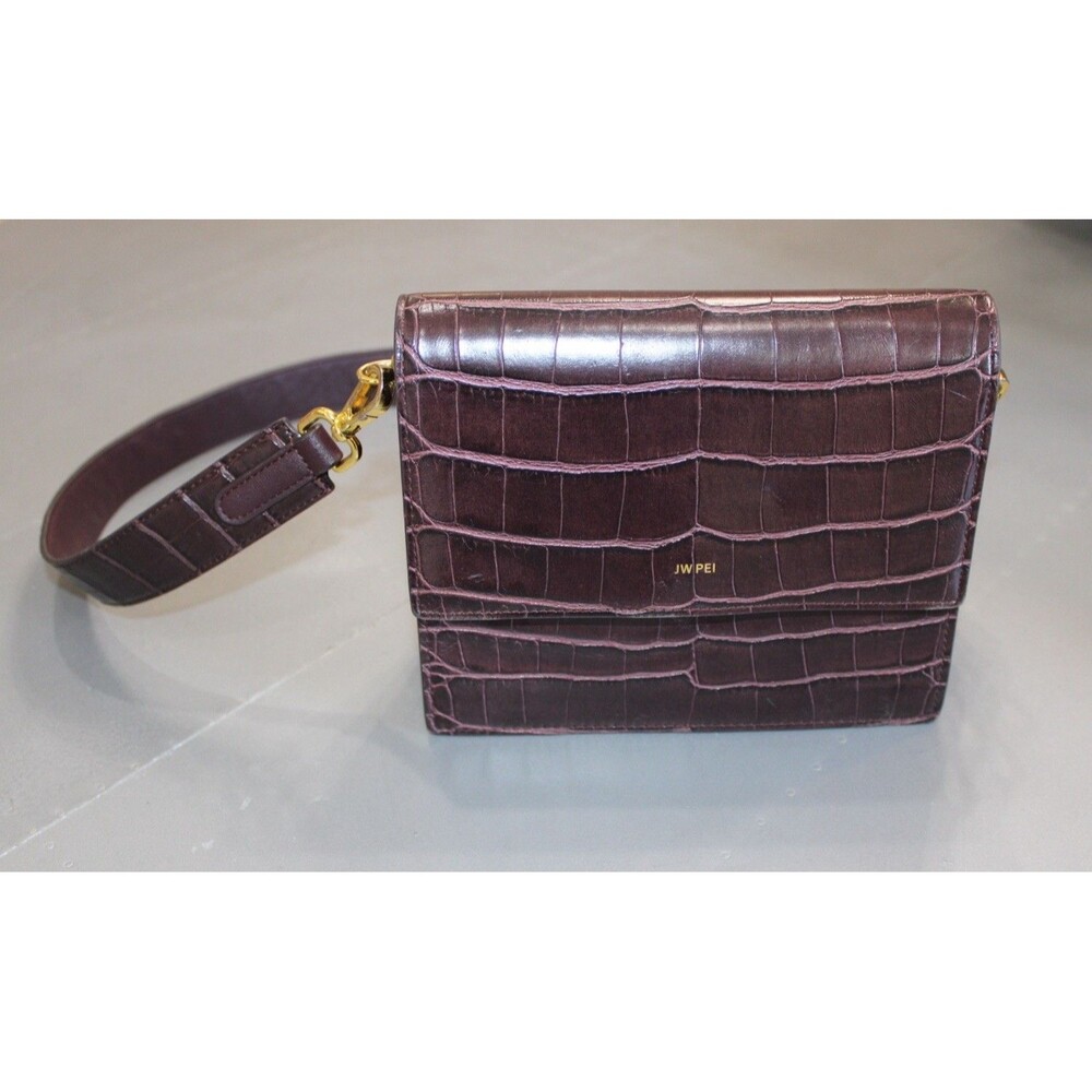 JW PEI Mini Flap Crossbody Bag Burgundy Brown Croc Embossed Vegan Leather Purse